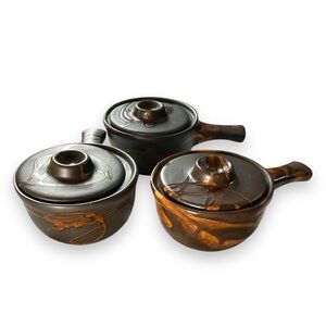 Handmade Pottery Bowl Set of 3 Brown Custom Made Lidded French‎ Onion Soup